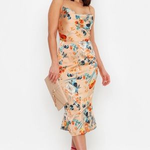 Satin floral cowl slip dress